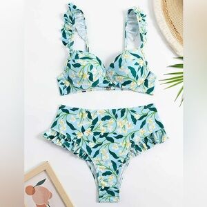 Women’s Floral Vintage Bikini 2piece Swimsuit Bathing Suit Medium Blue Green NEW
